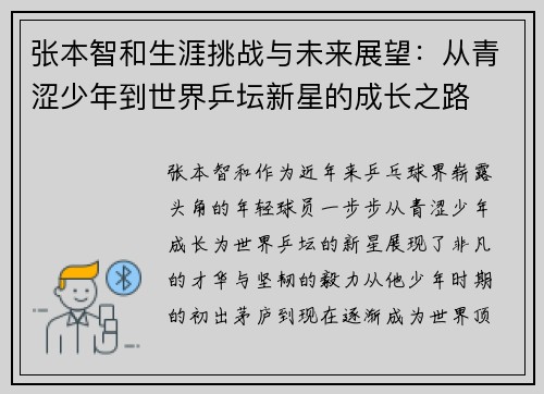 张本智和生涯挑战与未来展望：从青涩少年到世界乒坛新星的成长之路